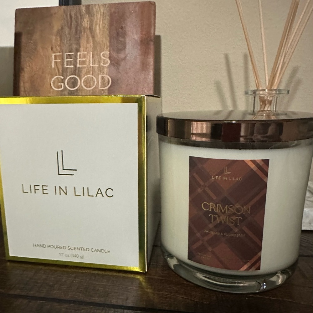 Brand new in box, Life in Lilac Fall candle plaid and brown lid - Crimson Twist